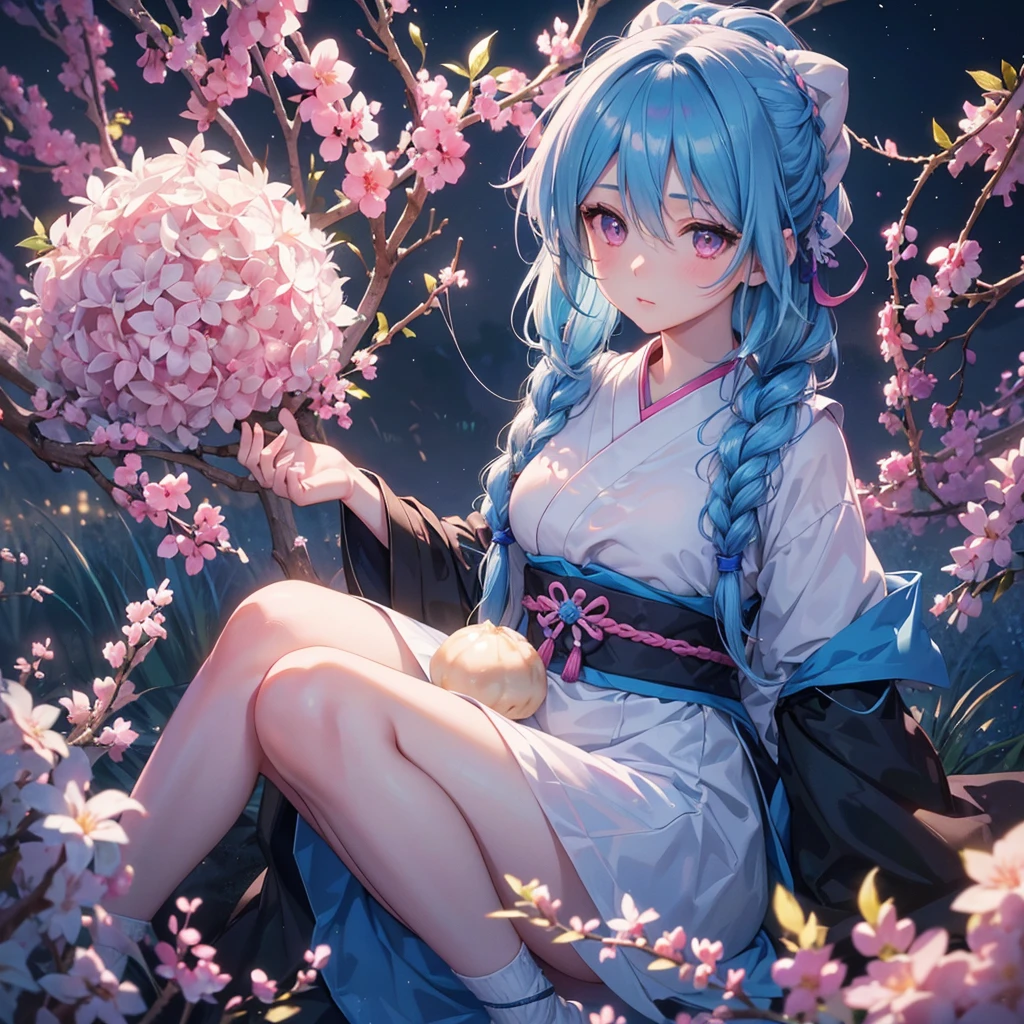 Sky blue hair, (1 braided hair), (Pink eyes),Fair skin)  ,(whole body),(One Girl),(White sweet dumplings ),Japanese pampas grass,(beautiful, Full moon shining in the night sky),(masterpiece, Highest quality, Very detailed, Best Shadow), (Detailed Background), (Beautifully detailed face), High Contrast, (Best lighting, Very delicate and beautiful), ((Cinematic Light)), Hyper Detail,8k, Dramatic Light, Intricate details,Sit down and eat dumplings,