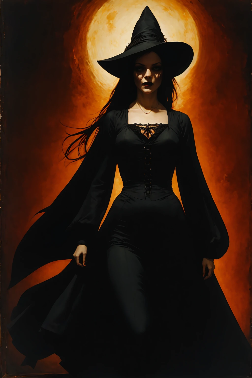 A gothic witch, dynamic pose, (bloody face), gothic architecture, dark tones, high contrast, soft lighting, (masterpiece, best quality:1.2), dark, oil painting, in style of Nicola Samori
