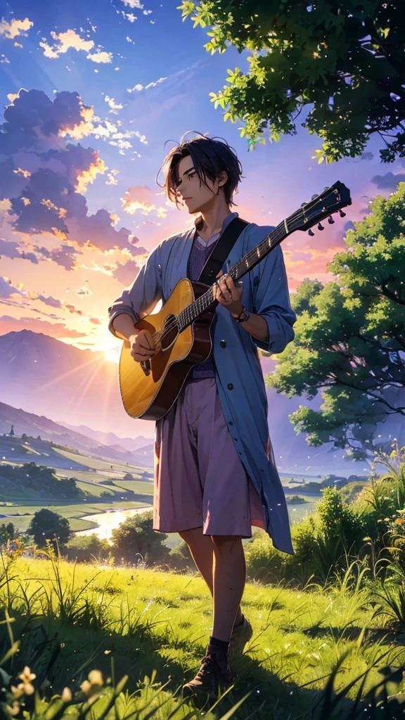 Highest quality、Landscape painting、Standing alone in the vast grassland、Morning Glow、Light purple sky, the attractive man playing the guiter instrument,give detail backgrounds, the environment should mesmerizing.