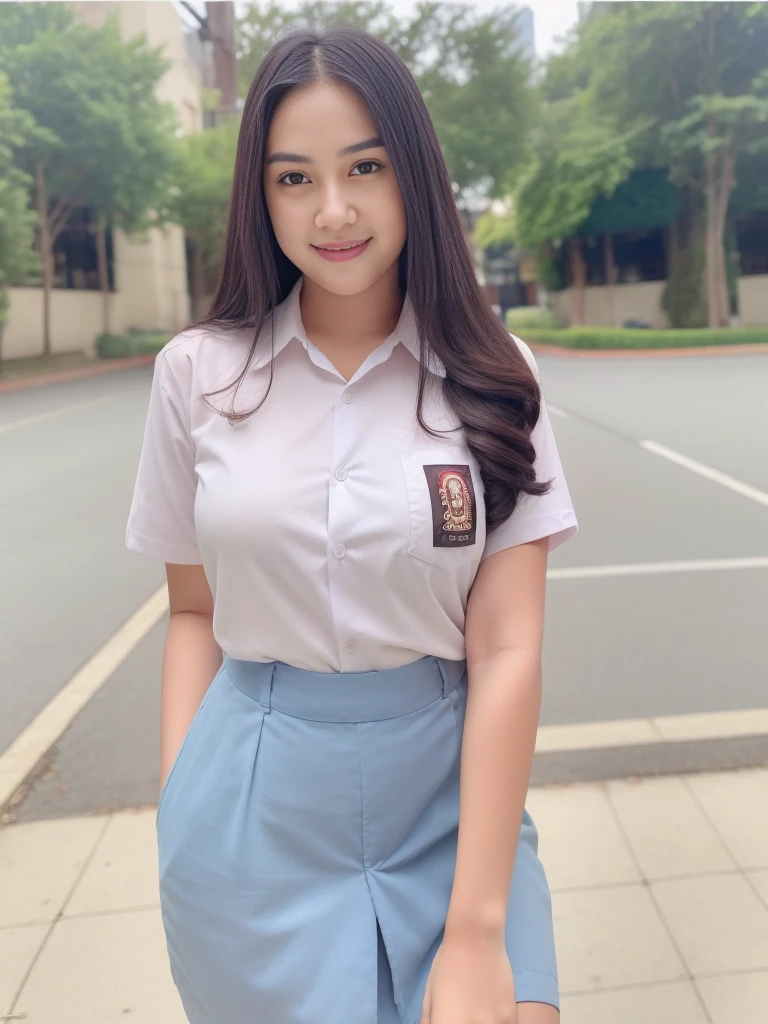 1girl, solo, 19 years old, (uniform), detailed Metropolitan city at the background, portrait, thick breasts, semi-curvy body, smooth realistic skin, cute smile, white shirt, grey blue short skirt, looking at the audience, high angle shot,(8k, RAW photo, best quality, masterpiece: 1.3), (realistic, realistic: 1.37), ultra-high resolution, cowboy shot