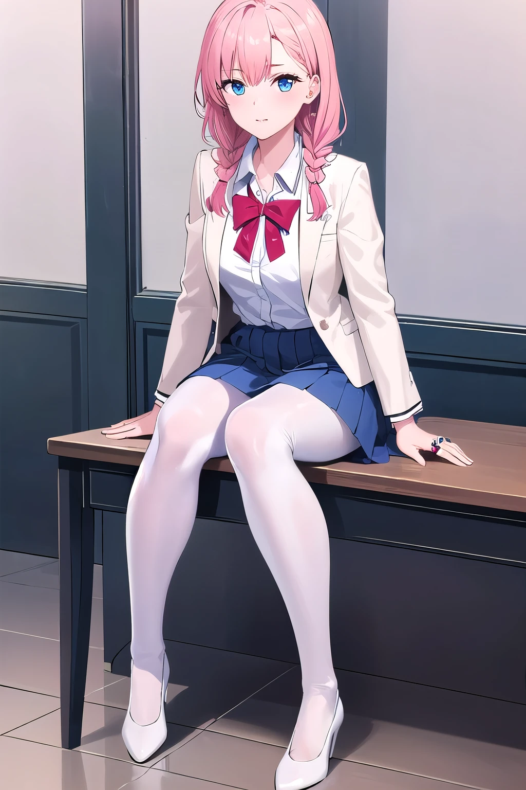 "1girl, incredibly detailed 8k cg, flawless model, mesmerizing idol, stunning face, ethereal beauty, pristine white hair, ring braids, captivating blue eyes,  Kakegurui ,  redblazer, white shirt, pleated grey skirt,  brown pantyhose, sat on desk  , full body, pink hair
