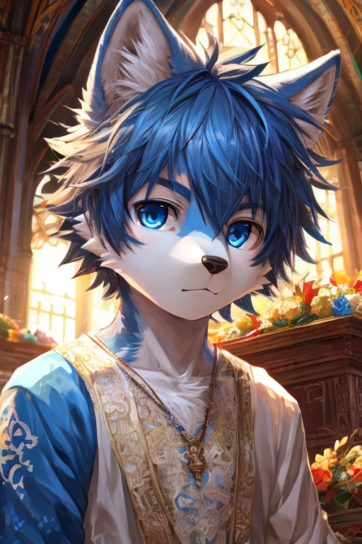 , White and blue fur, Shota, blue eyes, Messy hair, , short hair, masterpiece, Very detailed,,,独奏,,beat,,Looking at the camera,Wolf's facial features,,Wolf paw,Wolf Tail,Happy expression,Blue ears,,black,Detailed lighting,Standing,black卫衣,sports shoes,whole body