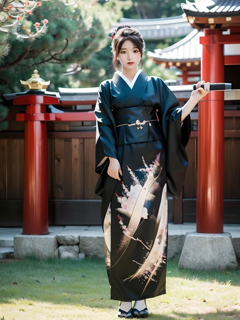 best quality, 8k, very delicate and beautiful, highly detailed face and skin texture, shiny skin, high resolution, beautiful japanese girl in black kimono grab a sword in japanese temple, full body, sharp focus