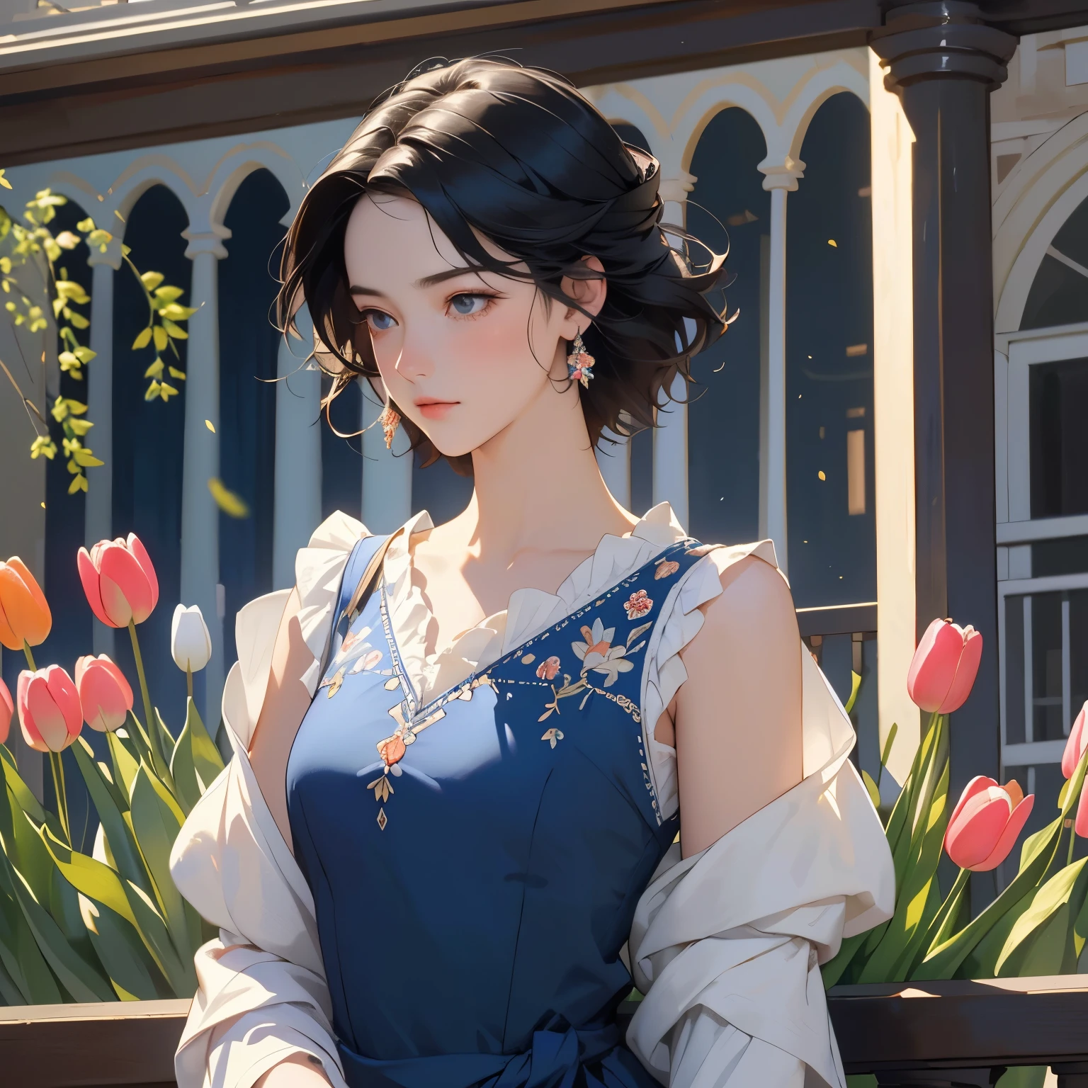 Classical painting, (Tulips filling the balcony々:1.4), (Filled with colorful tulips)、(A beautiful young Dutch trading post chief in the 18th century), (Whole Body), Are standing, Portraiture, Exposing shoulders, (Beautiful Prussian blue evening dress decorated with lace and embroidery :1.2), alone，Beautiful Face、A vivid face、Black-haired、short hair、Beautiful hairstyle、 Realistic Skin、Beautiful Skin、Charm、 Upper Body，detailed，Realistic，Photorealistic、Dark Background，Backlight、Soft Light、Inspired by Edmund Leighton、(Sargent 油 painting)、(Highest quality、masterpiece)、