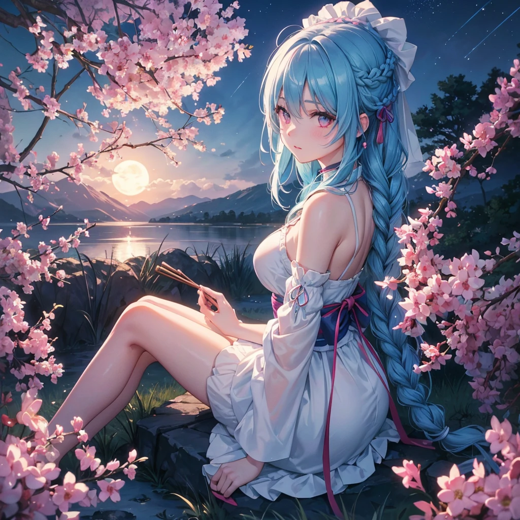 Sky blue hair, (1 braided hair), (Pink eyes),Fair skin) ,(whole body),(One Girl),(White sweet dumplings ),Japanese pampas grass,(beautiful, Full moon shining in the night sky),(masterpiece, Highest quality, Very detailed, Best Shadow), (Detailed Background), (Beautifully detailed face), High Contrast, (Best lighting, Very delicate and beautiful), ((Cinematic Light)), Hyper Detail,8k, Dramatic Light, Intricate details,Sit down and eat dumplings,