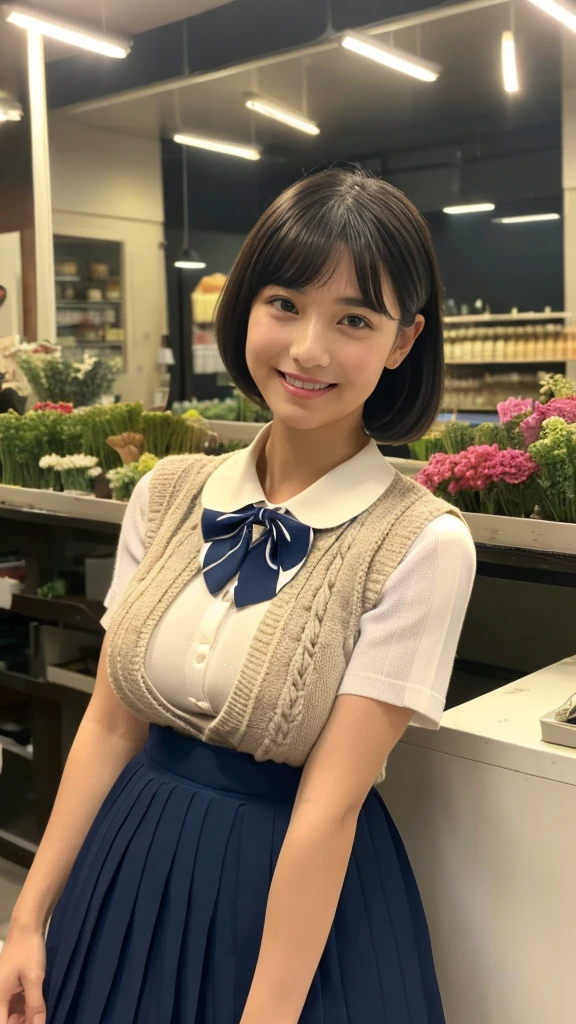 (masterpiece:1.2, highest quality), (realistic, photorealistic:1.4), beautiful illustrations, (natural side lighting, movie lighting), Depth of written boundary,
looking at the viewer, Front view, 1 girl, English, high school girl, 20 years old, perfect face, Cute symmetrical face, shiny skin, open legs,
(bob hair:1.7,blonde), asymmetrical bangs, Big eyes, droopy eyes, long eyelashes chest), thin,
beautiful hair, beautiful face, fine and beautiful eyes, beautiful clavicle, beautiful body, beautiful breasts, beautiful thighs, beautiful feet, beautiful fingers,
((fine fabric texture, brown knit vest, short sleeve white collar shirt, navy pleated skirt, Navy bow tie)),
(beautiful scenery), evening, (Inside the flower shop), Are standing, (smile, Upper grade, open your mouth), (((skirt lift, white sexy panties, genitals visible))), full body shot, dark blue socks, sexy face, inverted nipples,