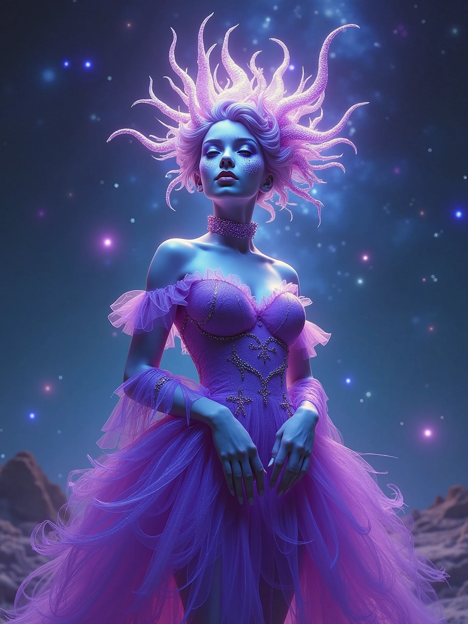 a woman in a purple dress with glitter on her face, amazing fantasy art, day - glow facepaint, 3 d render of a full female body, galaxies and stars, a painting of white silver, stylised painting, anthropomorphic female, airbrush render, psytrance, chalk white skin