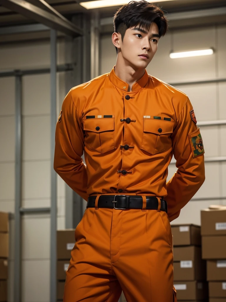 1 Handsome chinese slim guy, 20 years old, Hair combed smoothly, handsome orange soldier,Wearing a orange camouflage shirt,wearing orange military uniform, rugged orange soldier, Wear orange camouflage clothing, majestic,Who is Shi Yu?, Li Yuanbin, Kim Hyung Tae, Kim Hyung Tae, Yin Shishan, Handsome Chinese muscular guy,Broad shoulders and narrow waist,A handsome man wearing a orange camouflage military uniform and a belt,Form-fitting fabric contours the bust,in a remote warehouse,hands tied behind back,Hands tied behind the back,hands tied behind back,Masculine and sexy,High,Muscles look good,hairy body,Wheat complexion,black eyes(thin eyes 1:3),whole body image