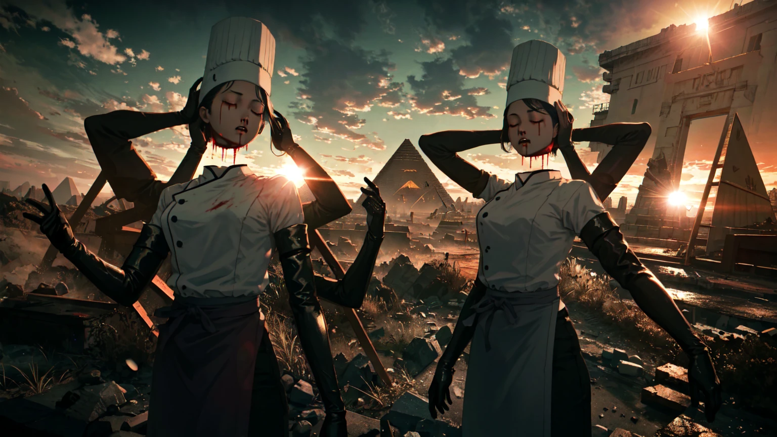 (masterpiece, best quality), olo, 1girl, fallingdevil, disembodied head, blood on face, extra arms, chef hat, closed eyes, black apron, elbow gloves BREAK
outdoors, pyramids, sun, raytracing BREAK
by vergvoktre, dramatic, gritty, nightmare, intricate details, hyperdetailed, cinematic, dark shot, film grainy, soothing tones, muted colors, technicolor