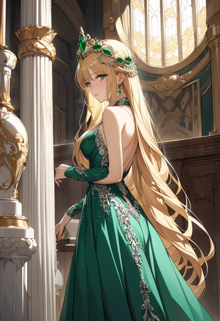 a beautiful princess with long flowing blonde hair and emerald green eyes, wearing an elegant and luxurious gown with jewel-encrusted ornate headpiece, in a high-quality, highly detailed, manhwa