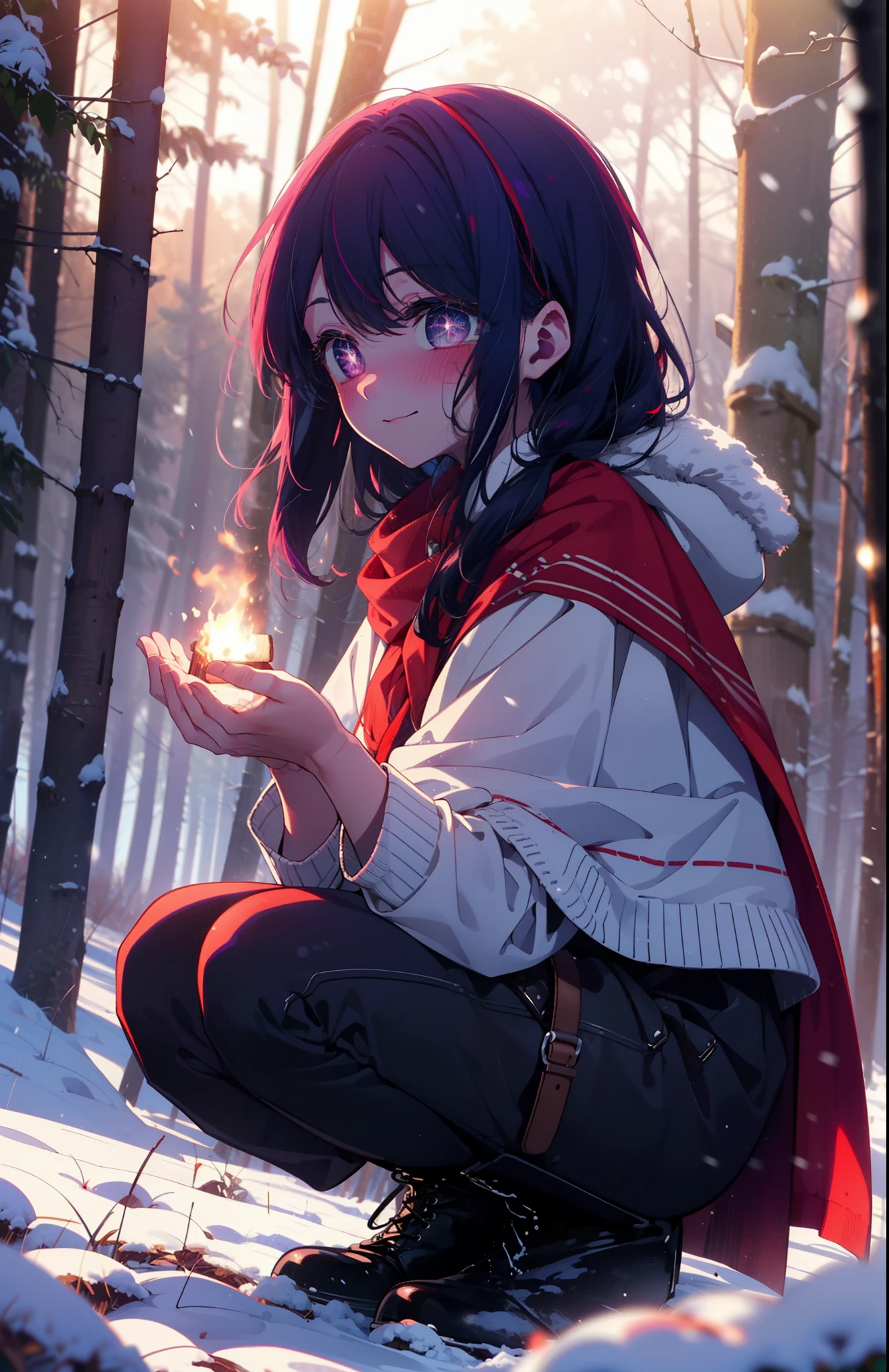 aihoshino, Ai Hoshino, Long Hair, bangs, (Purple eyes:1.1), Purple Hair, (Symbol-shaped pupil:1.5), smile,,smile,blush,white breath,
Open your mouth,snow,Ground bonfire, Outdoor, boots, snowing, From the side, wood, suitcase, Cape, Blurred, , forest, White handbag, nature,  Squat, Mouth closed, Cape, winter, Written boundary depth, Black shoes, red Cape break looking at viewer, Upper Body, whole body, break Outdoor, forest, nature, break (masterpiece:1.2), Highest quality, High resolution, unity 8k wallpaper, (shape:0.8), (Beautiful and beautiful eyes:1.6), Highly detailed face, Perfect lighting, Extremely detailed CG, (Perfect hands, Perfect Anatomy),