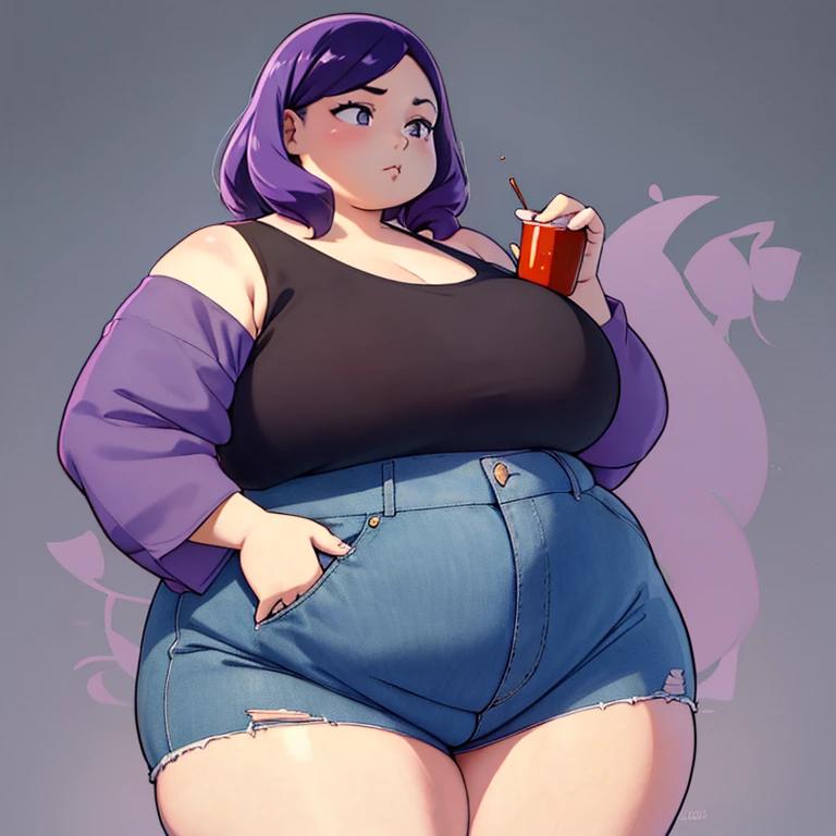 Fat girl with tan big fat body and a slim physique. She has violet hair that lays to the middle of her back. She has amber eyes. She is wearing a black camisole, tucked into a pair of Jean shorts. Over the camisole is a loose-fat lavender long sleeve shirt. The sleeves are rolled up to her elbows.