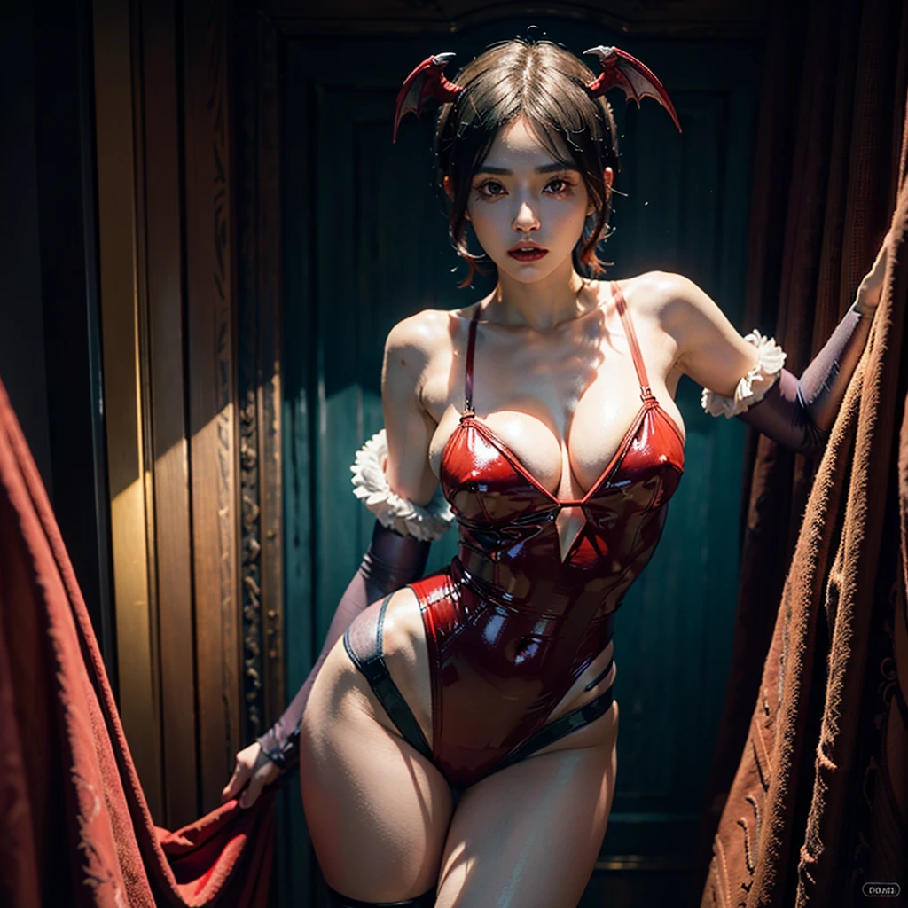 lilith aensland, demon woman dressed in crimson red and babyblue latex leotard standing in a dark room, dark scenario, thong leotard, beautiful Face, perfect face features, 1 Woman, alluring, seductive, shy, Slender with medium breast (fakebreast), goth makeup, albino skin color perfect body, proportional, sensual pose, upper body, cinematic, dramatic lights HDR, ultra detailed, photorealistic, masterpiece, trending on Artstation.