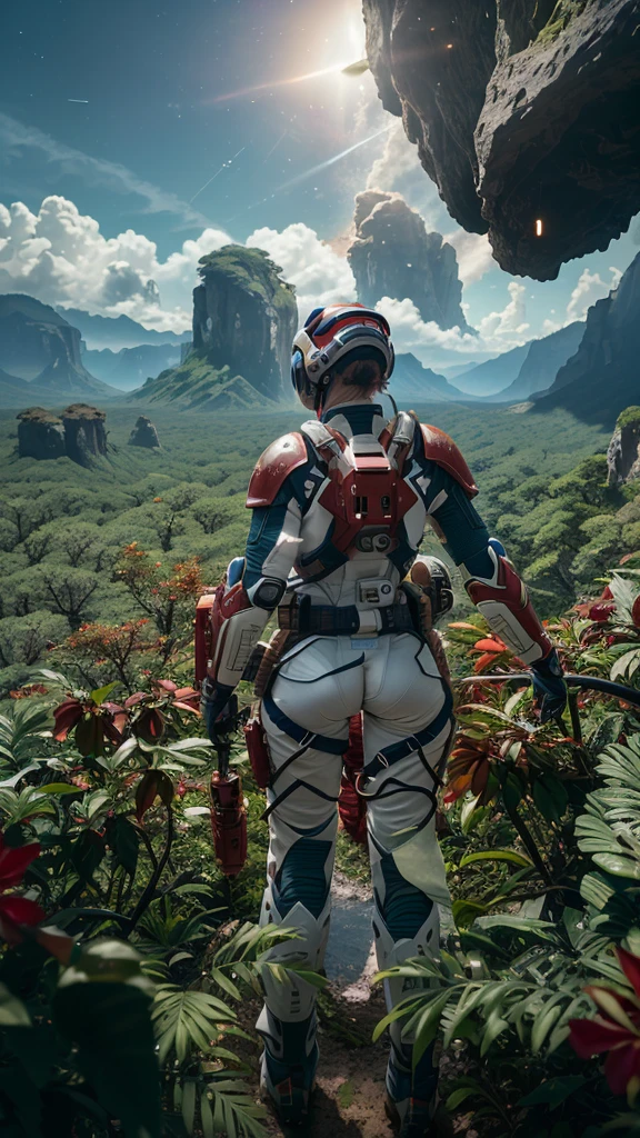 (35mm style:1.2), Highly detailed RAW color photos, rear angle, full bodyesbian, 's (Female space marine, Wearing white and red spacesuits, Helmet of the future, toothed mask, Rebreathers, Stressed Booty), Outdoor activities, (Standing on a high rocky mountain cliff, Gaze out over the magical lush green rainforest on an alien planet), vivd details, (Exotic alien planet), tonedbody, big assa, (sci-fy), (mont:1.1), (lush green vegetation), (There are two moons in the sky:0.8), (The is very detailed, the ultra-detailed, iintricate), (lens flare glow:0.7), (full bloom:0.7), particle effect, Ray traching, Movie Lighting, shallowdepthoffield, Shot with Sony a9 II, 35mm wide-angle lens, Focus sharp, 《gravity》2013 movie stills, Watching from behind, dynamic angle