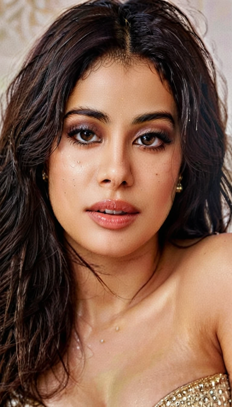 RAW half body close up,janhvi kapoor, Best quality, high resolution, Masterpiece: 1.3), (perfect eyes),Beautiful woman, high resolution,Stunning indian ancient princess in bikini , Soft smile, short dark hair, Beautiful indian woman wearing less clothes, high resolution, 4k, HDR, photorealistic, realistic, sweaty skin, thin face, big breasts, perfect makeup up, big eyes, glossy lips, perfect nose, smile soft, thick sexy body, wet body, ((( surrealisme))), full_body_shot, dramatic, rays of light, volumetric lighting, detailed face, very detailed, curvy shape