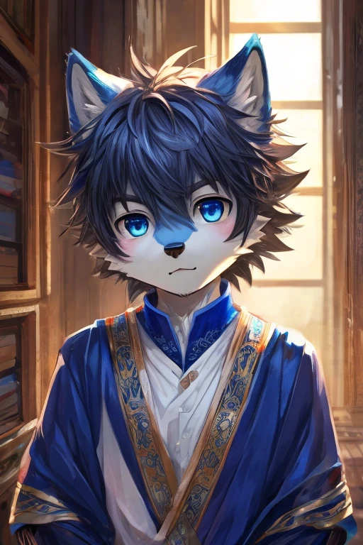 , White and blue fur, Shota, blue eyes, Messy hair, , short hair, masterpiece, Very detailed,,,独奏,,,Looking at the camera,Wolf's facial features,,Wolf paw,Wolf Tail,Happy expression,Blue ears,,black,Detailed lighting,Standing,black卫衣,sports shoes,whole body,Coastal Boulevard,sunny