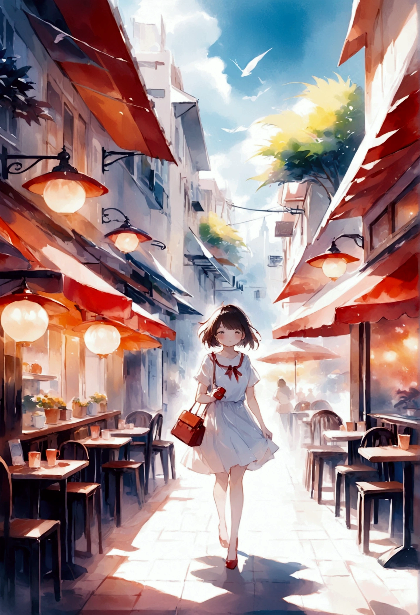 top-quality、​masterpiece、Soft Focus , Bright gradient watercolor , Dreamy , White background、girl、cafes