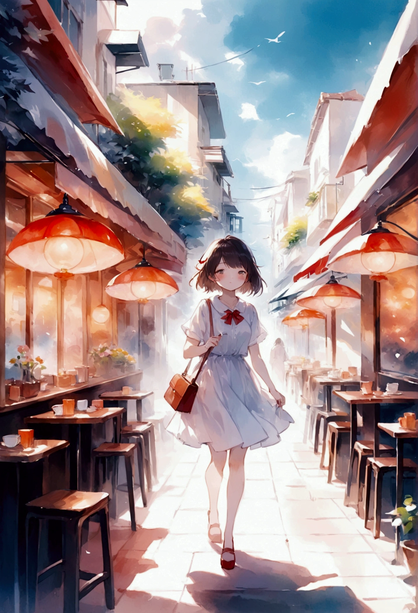 top-quality、masterpiece、Soft Focus , Bright gradient watercolor , Dreamy , White background、girl、cafes