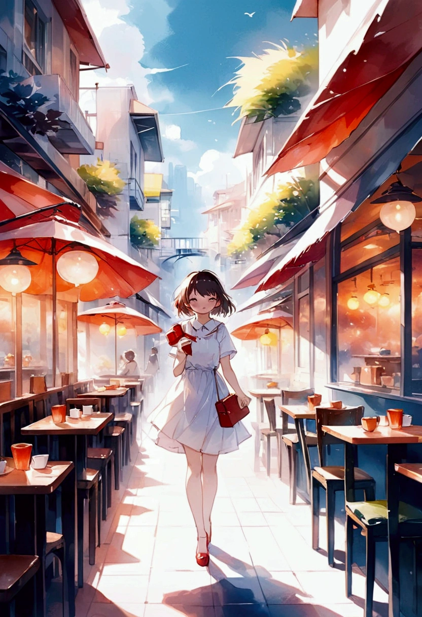 top-quality、​masterpiece、Soft Focus , Bright gradient watercolor , Dreamy , White background、girl、cafes