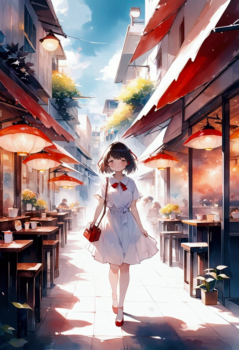 top-quality、​masterpiece、Soft Focus , Bright gradient watercolor , Dreamy , White background、girl、cafes