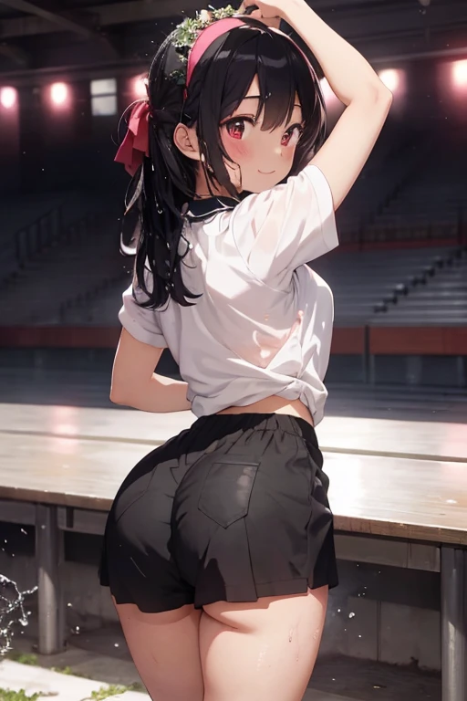 masterpiece、1 female student、Smile、Light pink lips、posing at school,(The whole body is soaked),legs are open, alone, Black polo shirt, looking at the audience, (Thick thighs:1.0),Yazawa Nico,red eyes, Blushed,Blunt hair,hands on hips,greet,Floral headdress,White yoga pants,Cover the bottom with your hands,View from behind
