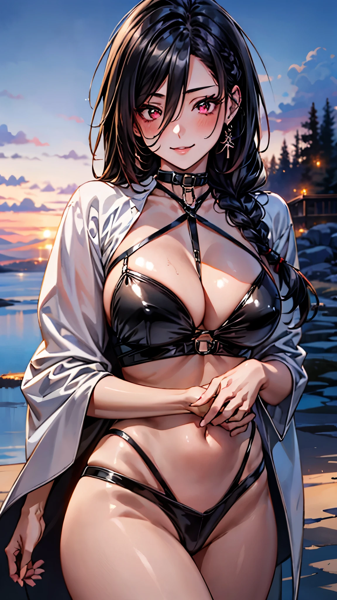 (Masterpiece:1.3, High quality, Ultra High Resolution, Extremely Detailed), (Realistic, Photorealistic:1.4), crona, Beautiful illustration, Perfect lighting, Natural lighting, Color, depth of field,
beautiful detailed hair, beautiful detailed face, beautiful detailed eyes, beautiful collarbone, beautiful body, beautiful chest, beautiful thighs, beautiful legs, beautiful fingers, 
looking at the viewer, 1 girl, Japanese, (perfect anatomy, anatomically correct), cute and symmetrical face, perfect face, perfect eyes, shiny skin, slim, braid of hair, long braid of hair, 
(long hair:1,7, cyclamen hair:0,8, black hair), hair between eyes, red eyes, long eyelashes, (big:0,8, seductive thighs), 
(beautiful scenery), summer, evening, (beautiful smile, upper eyes),