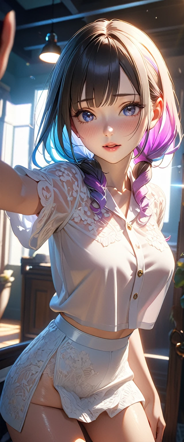 Masterpiece、最high quality、high quality、High definition、High resolution、High detail、Lens flare、Ray tracing method、high qualityの質感、high qualityの影、Beautiful details、Detailed and delicate、Detailed texture、Realistic facial expression、Realistic and colorful、Delicate、Cinematic Light、Side light、Sharp Focus、(1 woman:1.3)、(Intricate details、Makeup、Pure Eros Face_v1:0.5)、(Details Beautiful delicate face、Detailed beautiful delicate eyes、Perfect Facial Proportions、Detailed skin、Charm)、fancy hairstyles、Beautiful bangs、(Two-tone gradient hair color)、slender、(Upturned beautiful breasts)、Raise your arm and make a peace sign、(Detailed crotch、Showing off your crotch)、Female juice、((Experiencing the best orgasm))、(Light-colored V-cut、Light-colored thong)、(Thigh mini skirt、Low-rise mini skirt)、(Front-button short-sleeve shirt、Crop top)、(The wind blows and sways、 roll up)、Low-angle composition