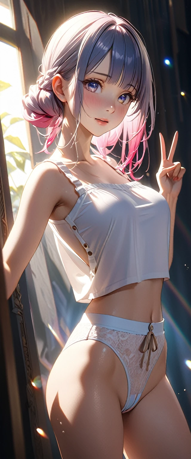 Masterpiece、最high quality、high quality、High definition、High resolution、High detail、Lens flare、Ray tracing method、high qualityの質感、high qualityの影、Beautiful details、Detailed and delicate、Detailed texture、Realistic facial expression、Realistic and colorful、Delicate、Cinematic Light、Side light、Sharp Focus、(1 woman:1.3)、(Intricate details、Makeup、Pure Eros Face_v1:0.5)、(Details Beautiful delicate face、Detailed beautiful delicate eyes、Perfect Facial Proportions、Detailed skin、Charm)、fancy hairstyles、Beautiful bangs、(Two-tone gradient hair color）、slender、(Upturned beautiful breasts)、Raise your arm and make a peace sign、(Detailed crotch、Showing off your crotch)、Female juice、((Experiencing the best orgasm))、(Light-colored V-cut、Light-colored thong)、(Thigh mini skirt、Low-rise mini skirt)、(Front-button short-sleeve shirt、Crop top)、(The wind blows and sways、 roll up)、Low-angle composition