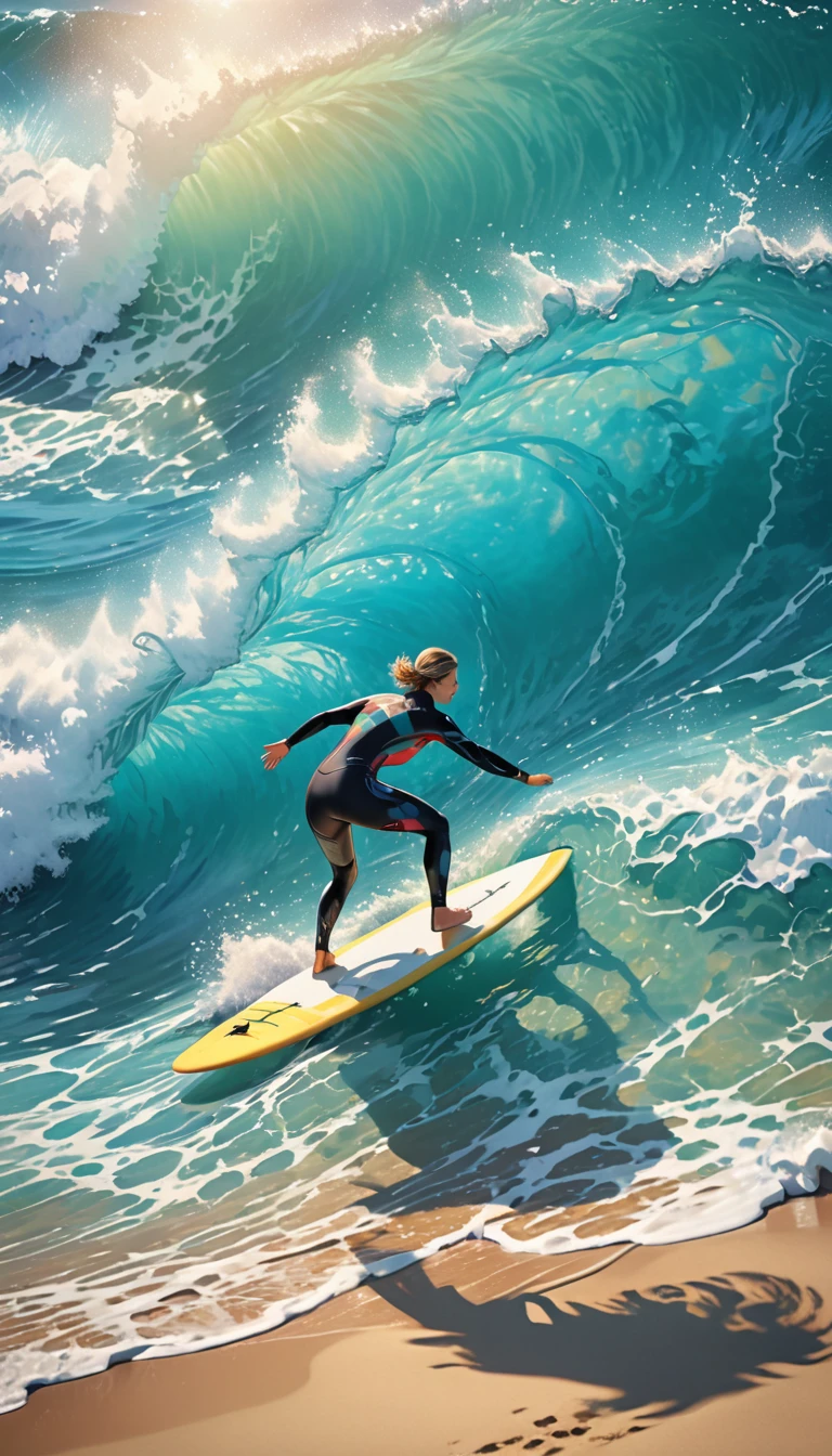 Surfer wearing surfboard.Wear professional gear.When the wave takes shape,Quickly stand on the surfboard and maintain balance.,Flexible control of the direction and speed of your surfboard.Beautiful and extremely textured foreground and background,detailed, bright, Animation style high definition and high quality presentation((Masterpieces in up to 16K resolution):1.6),((soft_color_photography:)1.5), ((Super detailed):1.4),((Typical static images and dynamic angles):1.3), ( perfect anatomy )Complex patterns, soft shadows, highly detailed structures, digital art, high detail,