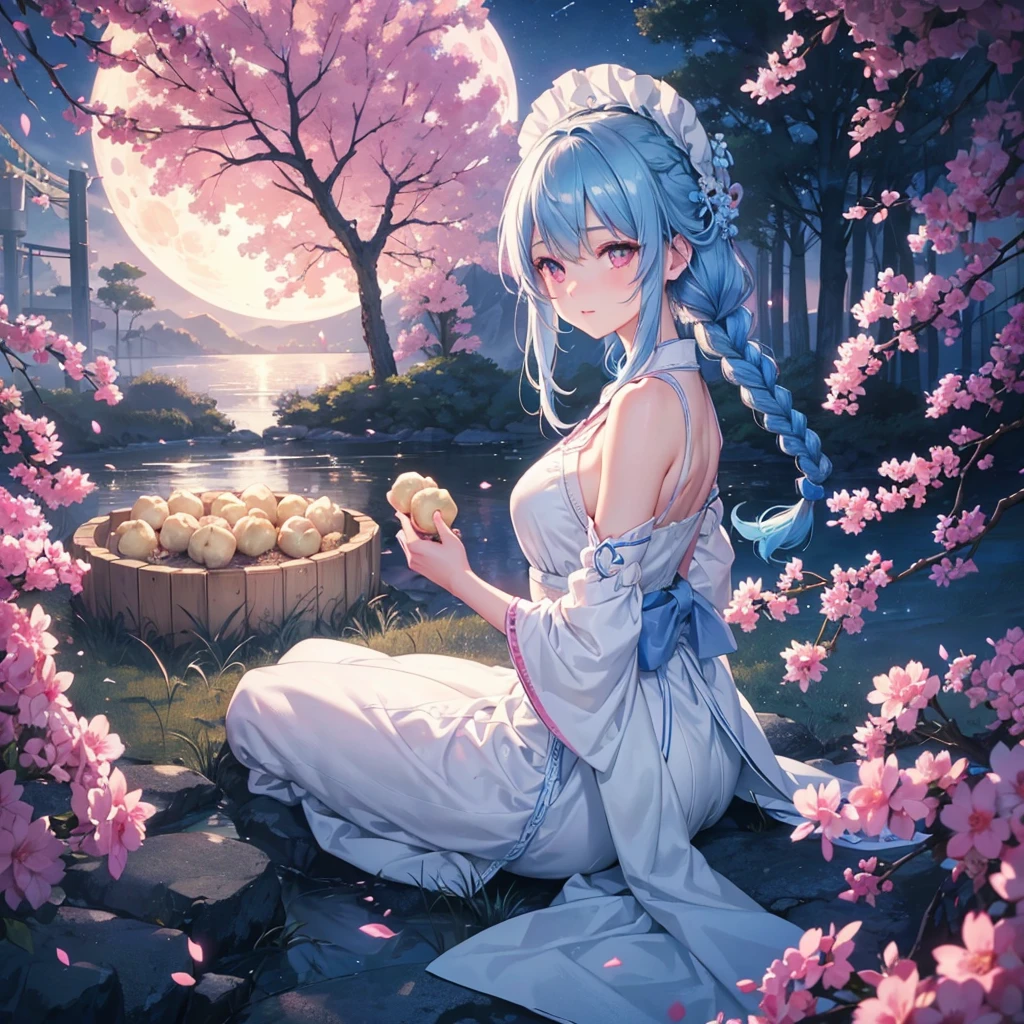 Sky blue hair, (1 braided hair), (Pink eyes),Fair skin) ,(whole body),(One Girl),(White sweet dumplings ),Japanese pampas grass,(beautiful, Full moon shining in the night sky),(masterpiece, Highest quality, Very detailed, Best Shadow), (Detailed Background), (Beautifully detailed face), High Contrast, (Best lighting, Very delicate and beautiful), ((Cinematic Light)), Hyper Detail,8k, Dramatic Light, Intricate details,Sit down and eat dumplings,