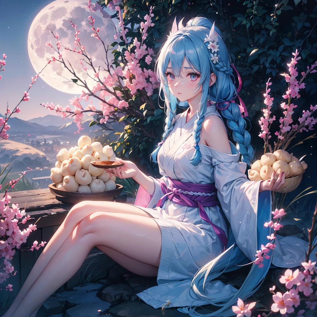 Sky blue hair, (1 braided hair), (Pink eyes),Fair skin) ,(whole body),(One Girl),(White sweet dumplings ),Japanese pampas grass,(beautiful, Full moon shining in the night sky),(masterpiece, Highest quality, Very detailed, Best Shadow), (Detailed Background), (Beautifully detailed face), High Contrast, (Best lighting, Very delicate and beautiful), ((Cinematic Light)), Hyper Detail,8k, Dramatic Light, Intricate details,Sit down and eat dumplings,
