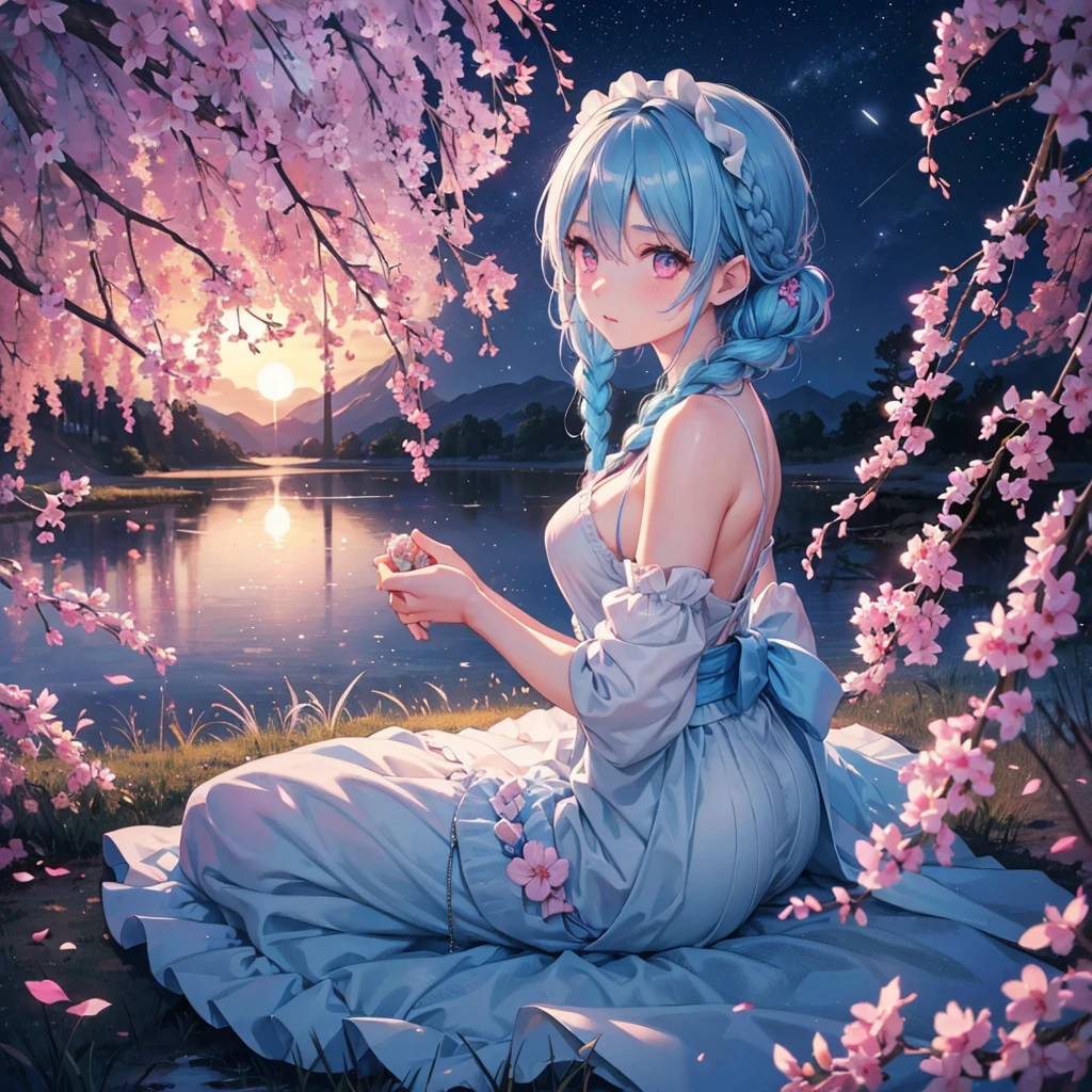 Sky blue hair, (1 braided hair), (Pink eyes),Fair skin) ,(whole body),(One Girl),(White sweet dumplings ),Japanese pampas grass,(beautiful, Full moon shining in the night sky),(masterpiece, Highest quality, Very detailed, Best Shadow), (Detailed Background), (Beautifully detailed face), High Contrast, (Best lighting, Very delicate and beautiful), ((Cinematic Light)), Hyper Detail,8k, Dramatic Light, Intricate details,Sit down and eat dumplings,