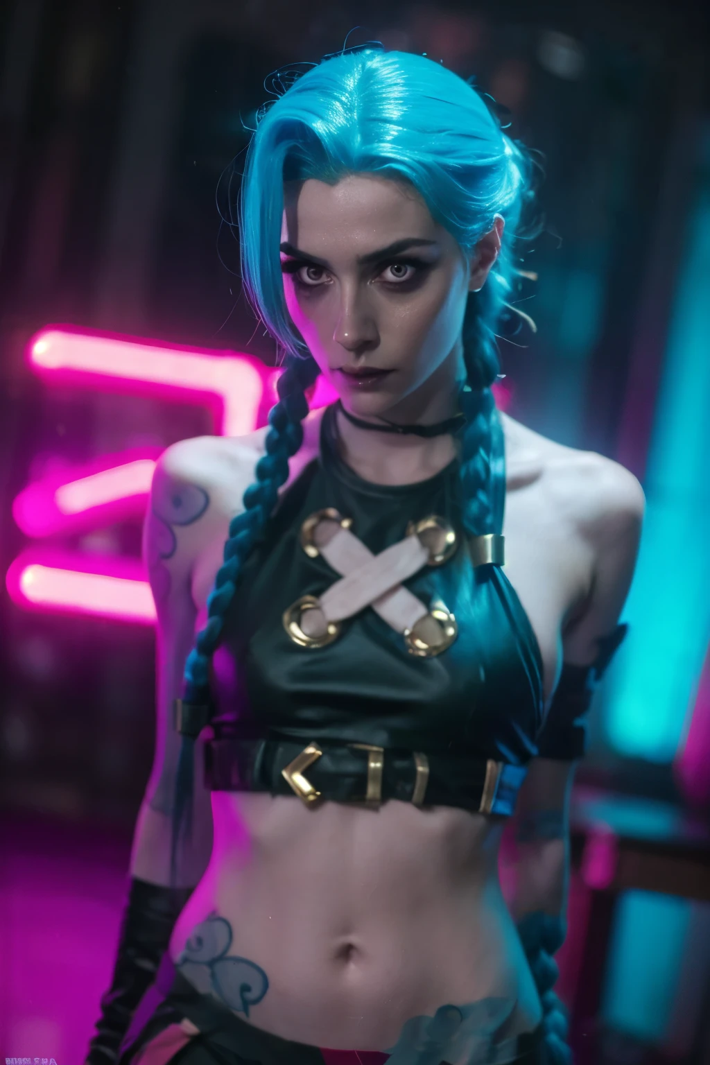 Close-up face, Hyper realistic super detailed Jinx cosplay ,(( ***** girl, ************)) , Very detailed, (hyper realistic: 1.4), in dynamic pose, angry face, twin braids, long hair, blue hair, red eyes, tattooed, ((skinny body)) , ((angry face)), arcane style. ((Grunge Neon grafitti background, cinematic lighting)).