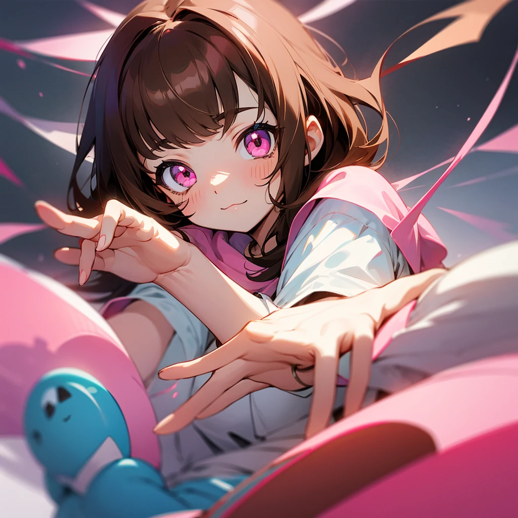 Create an image of a character with brown hair and pink eyes who is doing a very kawaii pose 