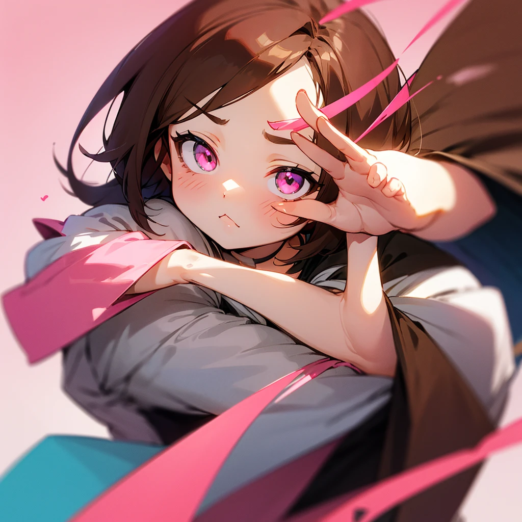 Create an image of a character with brown hair and pink eyes who is doing a very kawaii pose 