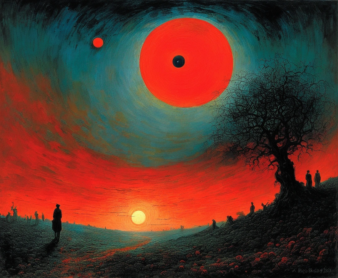 Mythical creatures, author:Zdzislaw Beksiński and Vincent van Gogh, romantic,landscape、Red moon and big eyes