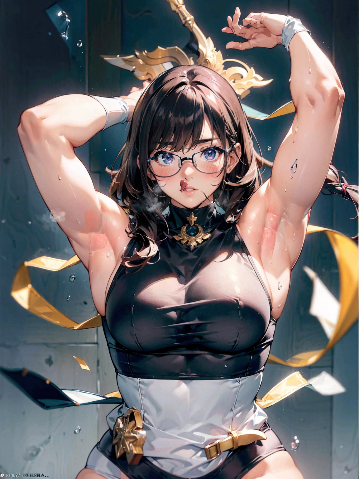 masterpiece、super high quality、Ultra-high resolution、Honors Type, Really blushing, 、シースルーのunderwear, Black-rimmed glasses、(Sturdy body:1.5、Armpit hair、Thick body、muscle)、
armpit hair、A neat image、underwear