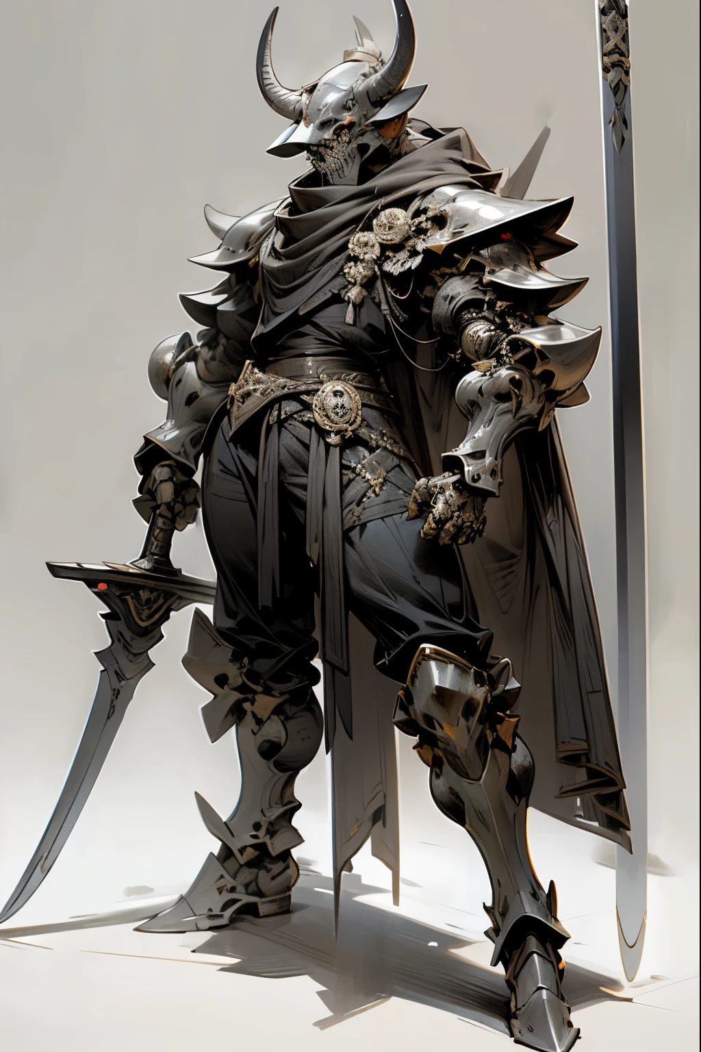 Cow skull helmet,full body armor,Muscular々,Big black sword,One person,Warrior,Combat Ready