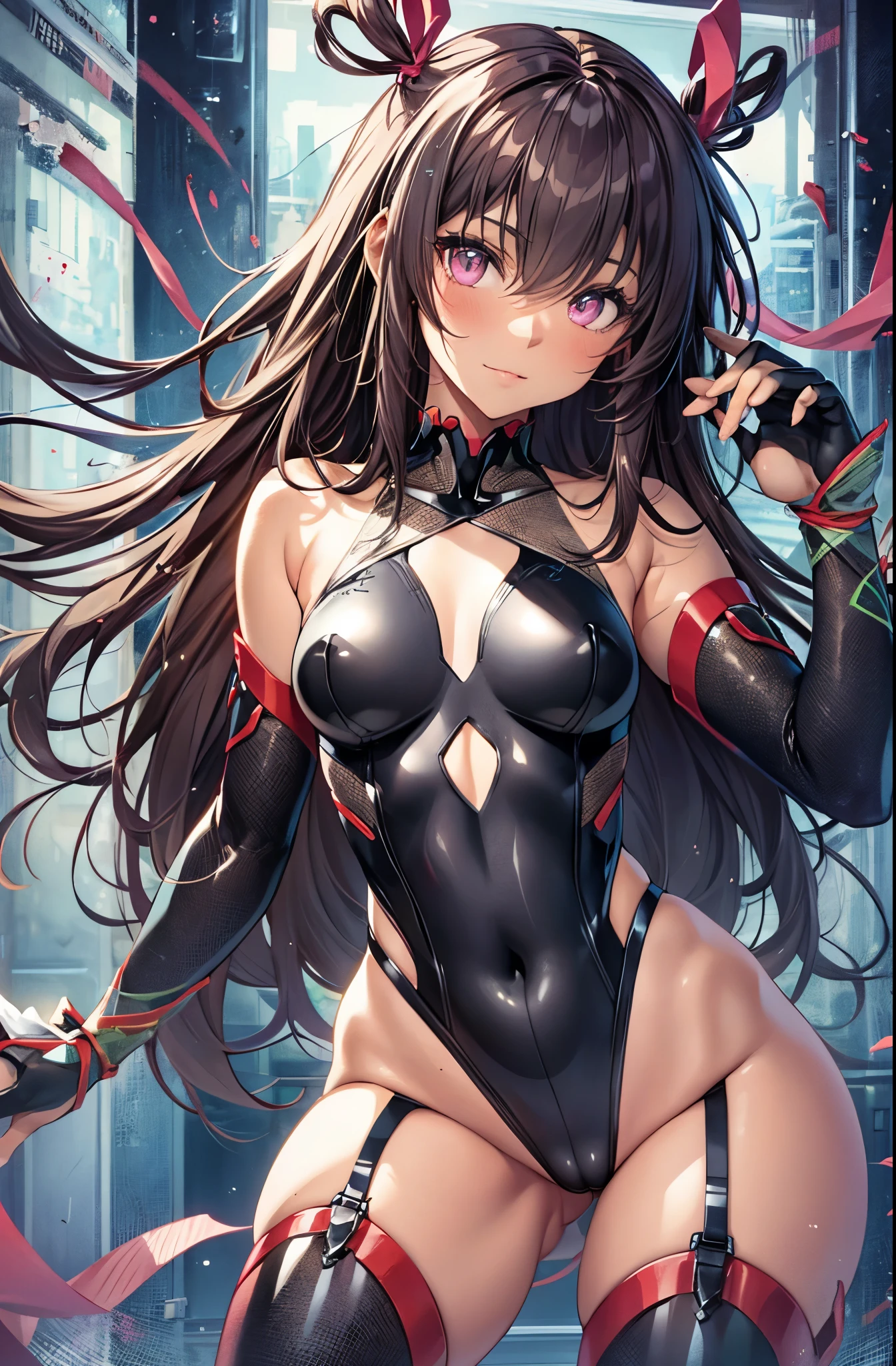 mizuki yukikaze,hair ribbon, black leotard, taimanin suit, one-piece tan, elbow gloves, fur trim, fingerless gloves, frilled leotard, thigh boots,(cameltoe:1.2),masterpiece,Noise Reduction,perfect anatomy,high resolution, ultra-detailed, ultra-detailed face,game cg,dutch angle ,beautiful detailed eyes,visualart,five fingers, perfect hands, perfect lighting, sparkling pupils,