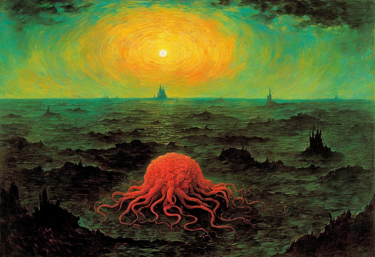Mythical creatures, author:Zdzislaw Beksiński and Vincent Van Gogh, Album cover, romantic, Surrealism, Futuristic ,Smiling Corpse, Coral, Wizard, Abstracted, dark, landscape