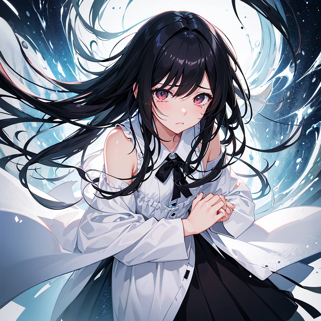 Sick illustration、Girl、Black Hair、Half crying、My eyes are watering、No light in my eyes、Sad and painful feelings、Wearing a dress、一人のGirl、Black background