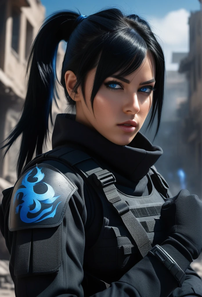 a highly detailed photo of a female soldier with black hair in a ponytail, wearing a tactical face mask, an assassin outfit, blue eyes, on a black background, blue flames emitting from her fist, surrounded by a battlefield with buildings,wide angle view, cinematic composition, hyper realistic, 8k, masterpiece, volumetric lighting, dramatic shadows, intricate details, photorealistic