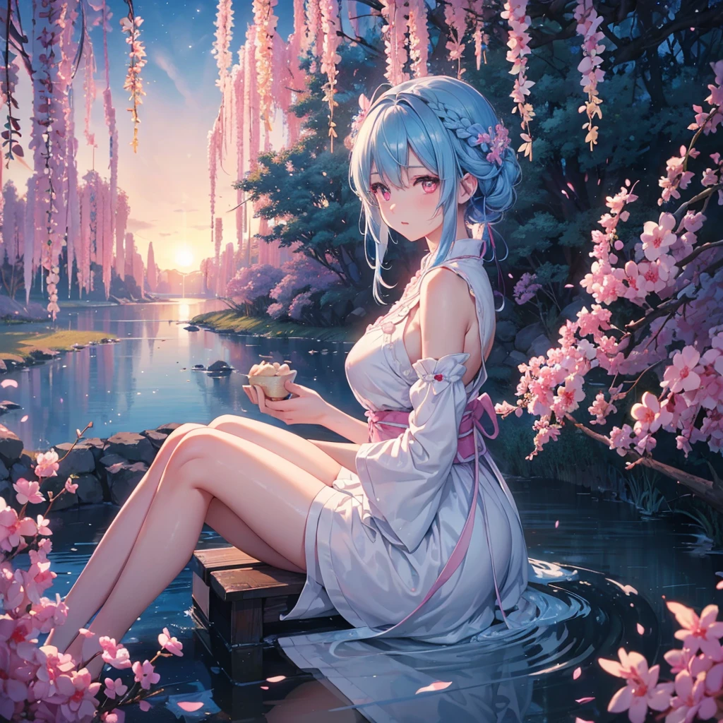 Sky blue hair, (1 braided hair), (Pink eyes),Fair skin) ,(whole body),(One Girl),(White sweet dumplings ),Japanese pampas grass,night,(beautiful, night空に輝く満月),(masterpiece, Highest quality, Very detailed, Best Shadow), (Detailed Background), (Beautifully detailed face), High Contrast, (Best lighting, Very delicate and beautiful), ((Cinematic Light)), Hyper Detail,8k, Dramatic Light, Intricate details,Sit down and eat dumplings,