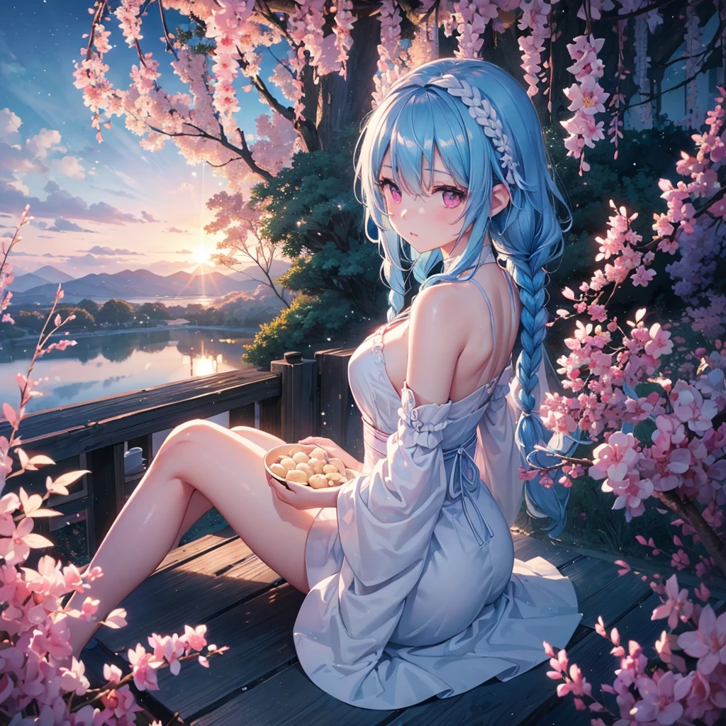 Sky blue hair, (1 braided hair), (Pink eyes),Fair skin) ,(whole body),(One Girl),(White sweet dumplings ),Japanese pampas grass,night,(beautiful, night空に輝く満月),(masterpiece, Highest quality, Very detailed, Best Shadow), (Detailed Background), (Beautifully detailed face), High Contrast, (Best lighting, Very delicate and beautiful), ((Cinematic Light)), Hyper Detail,8k, Dramatic Light, Intricate details,Sit down and eat dumplings,