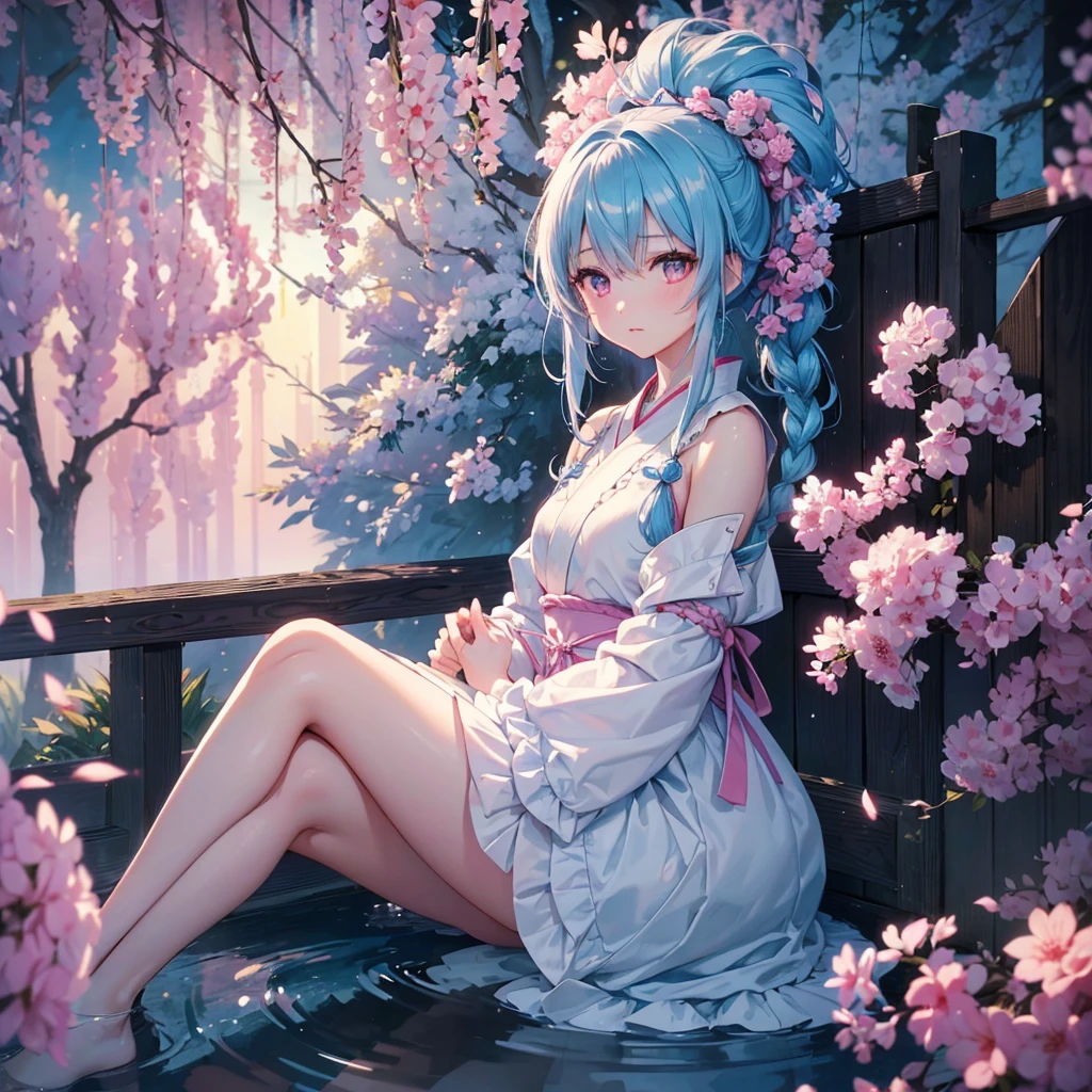 Sky blue hair, (1 braided hair), (Pink eyes),Fair skin)  ,(whole body),(One Girl),(White sweet dumplings ),Japanese pampas grass,night,(beautiful, night空に輝く満月),(masterpiece, Highest quality, Very detailed, Best Shadow), (Detailed Background), (Beautifully detailed face), High Contrast, (Best lighting, Very delicate and beautiful), ((Cinematic Light)), Hyper Detail,8k, Dramatic Light, Intricate details,Sit down and eat dumplings,