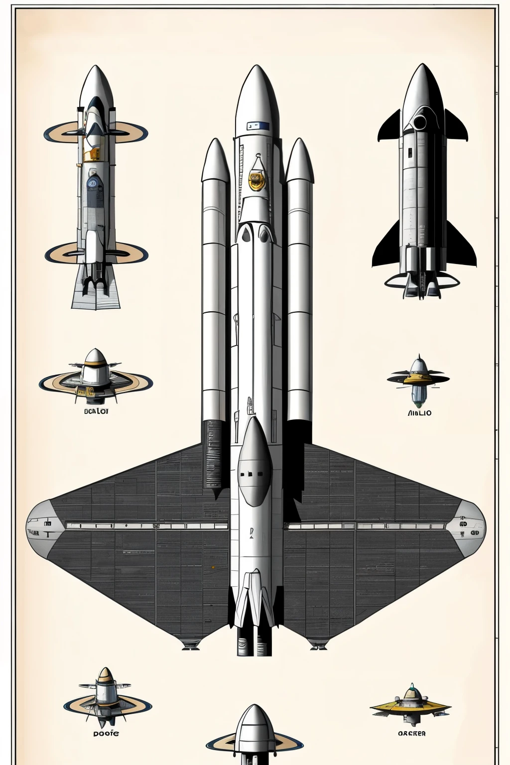 ((cartoon drawing)), ((spacecraft)), (big), (View of its parts), (architecture drawing)