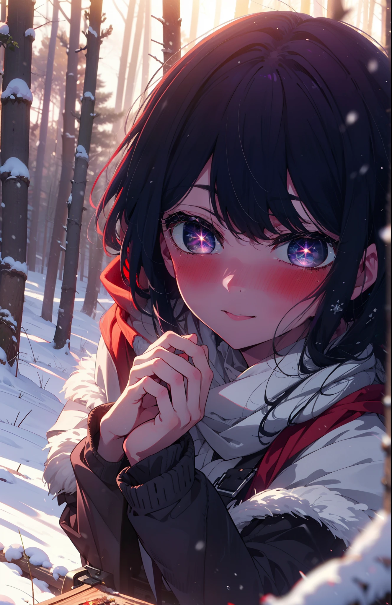 aihoshino, Ai Hoshino, Long Hair, bangs, (Purple eyes:1.1), Purple Hair, (Symbol-shaped pupil:1.5), smile,,smile,blush,white breath,
Open your mouth,snow,Ground bonfire, Outdoor, boots, snowing, From the side, wood, suitcase, Cape, Blurred, , forest, White handbag, nature, Squat, Mouth closed, Cape, winter, Written boundary depth, Black shoes, red Cape break looking at viewer, Upper Body, whole body, break Outdoor, forest, nature, break (masterpiece:1.2), Highest quality, High resolution, unity 8k wallpaper, (shape:0.8), (Beautiful and beautiful eyes:1.6), Highly detailed face, Perfect lighting, Extremely detailed CG, (Perfect hands, Perfect Anatomy),