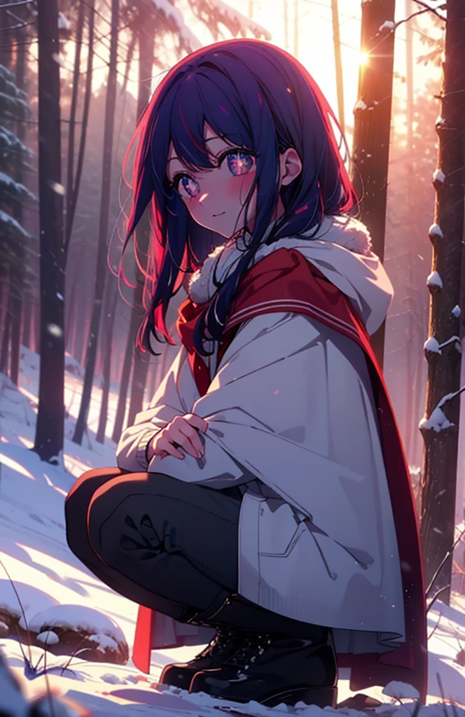 aihoshino, Ai Hoshino, Long Hair, bangs, (Purple eyes:1.1), Purple Hair, (Symbol-shaped pupil:1.5), smile,,smile,blush,white breath,
Open your mouth,snow,Ground bonfire, Outdoor, boots, snowing, From the side, wood, suitcase, Cape, Blurred, , forest, White handbag, nature, Squat, Mouth closed, Cape, winter, Written boundary depth, Black shoes, red Cape break looking at viewer, Upper Body, whole body, break Outdoor, forest, nature, break (masterpiece:1.2), Highest quality, High resolution, unity 8k wallpaper, (shape:0.8), (Beautiful and beautiful eyes:1.6), Highly detailed face, Perfect lighting, Extremely detailed CG, (Perfect hands, Perfect Anatomy),