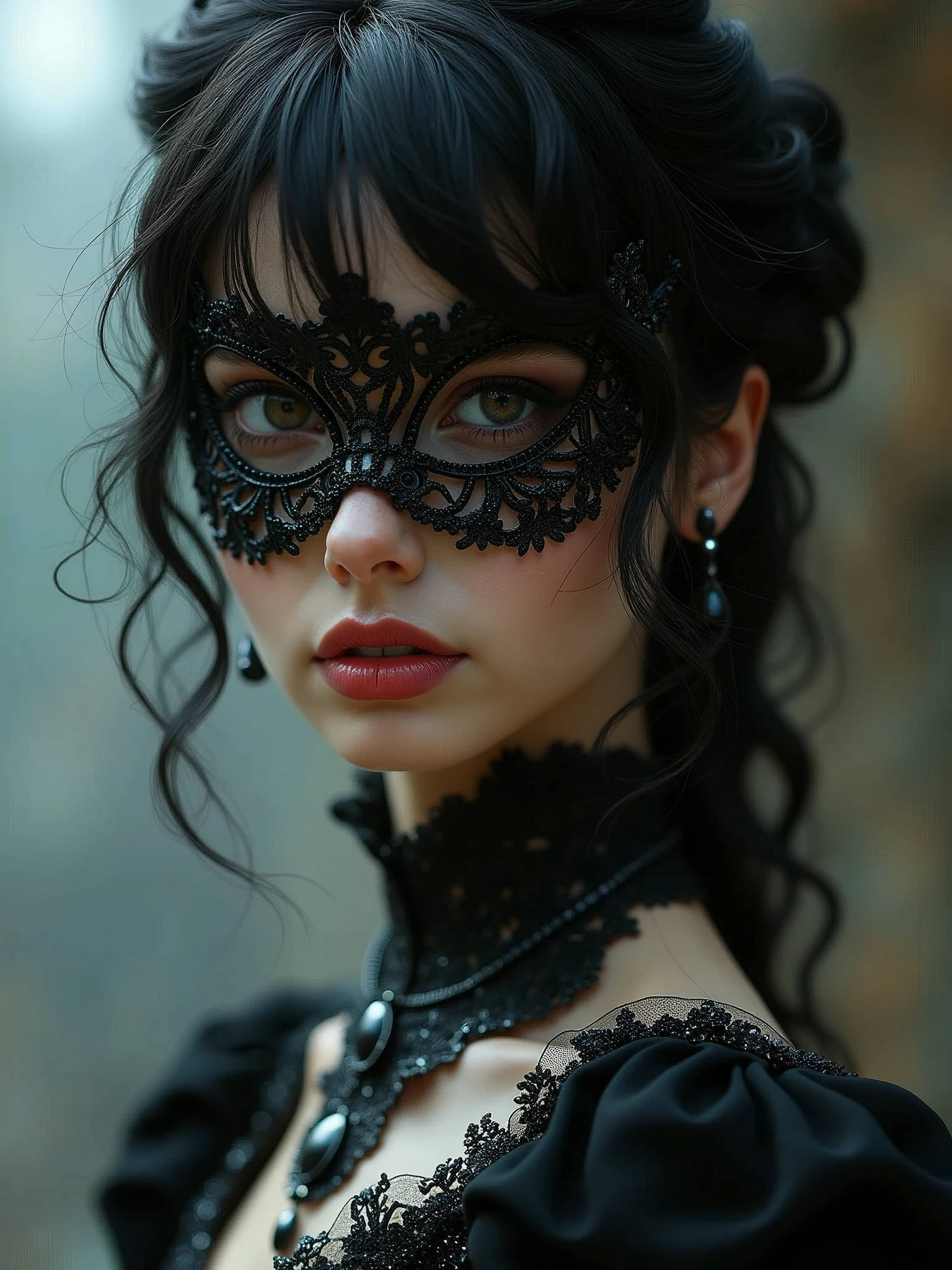 a close up of a person wearing a mask, dreamy gothic girl, elegant render, half body photo, mistress, photoshop render, ebony rococo, elegant girl, female spy, haunting beautiful young woman, super-hero girl, extravagant dress, beauty girl