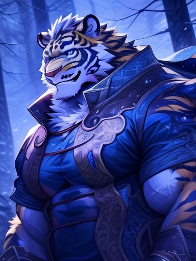 Blue fur tiger,portrait, blue and white fur tiger,fluffy, giant, muscular body, large muscles, large muscle ,big abs, black jacket with blue t-shirt inside, snowy forest night, snowy, depth of field, light particles, (best quality:1.1), (masterpiece:1.1), (ultra detailed:1.1), sharp focus, light particles,cool pose,handsome,smile,unexposed,full image of the tiger,strong,blue cape 